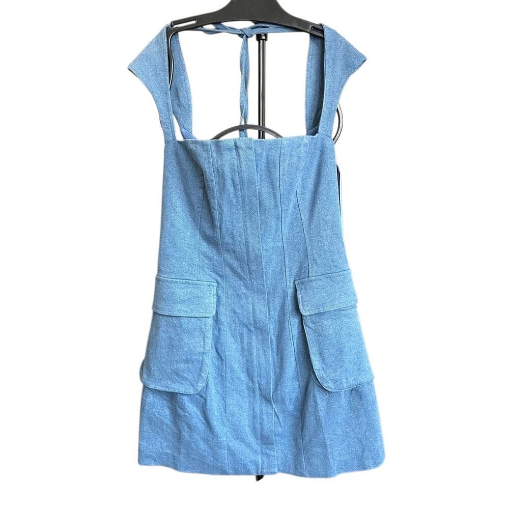 Sundays Soho Denim Pocket Mini Dress Sz Small Pinafore Style Front Patch Pockets - Picture 3 of 16